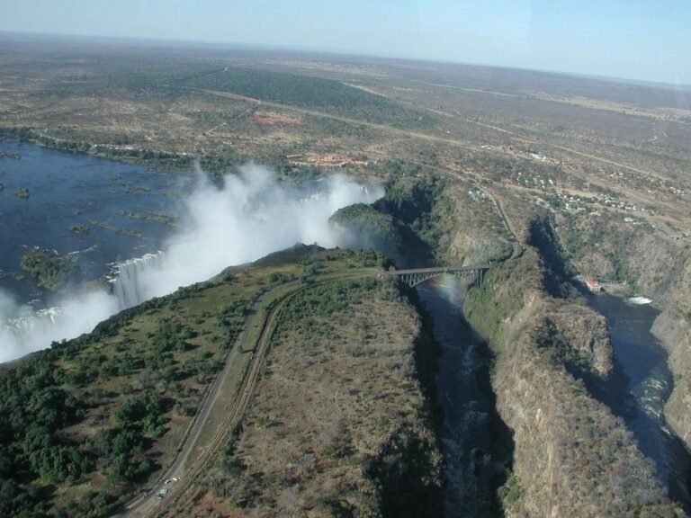 Looking down into the deep Batoka Gorge below Victoria Falls from the air