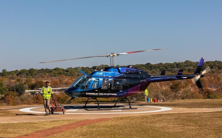 Scenic-flight helicopter on the landing pad at Victoria Falls