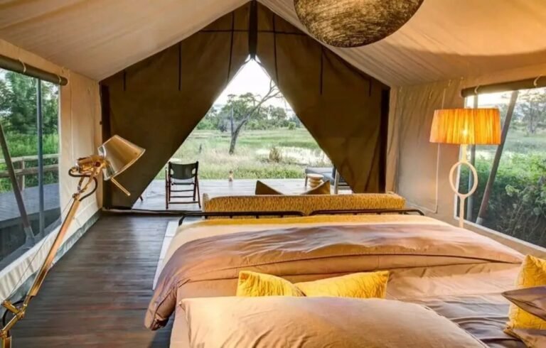 Luxury safari tent with a view over the Okavango Delta