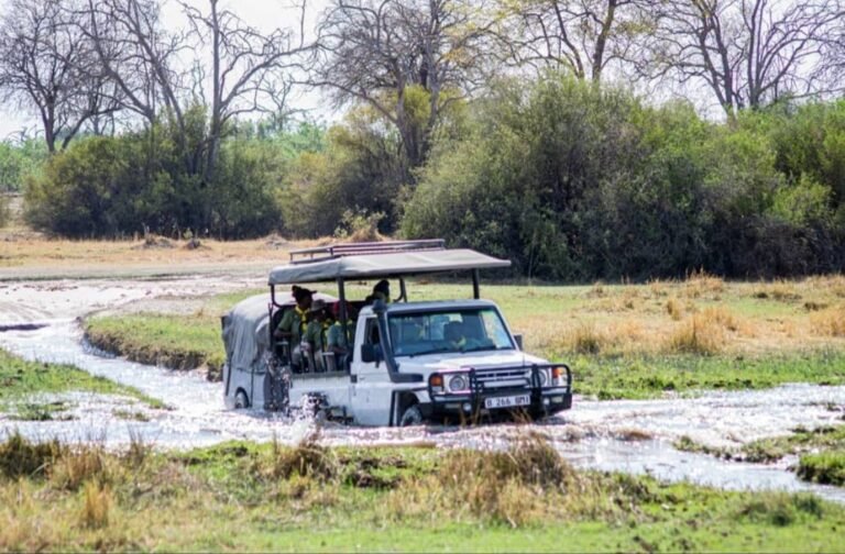 Safari vehicle driving through water on the Moremi route in the Okavango Delta
