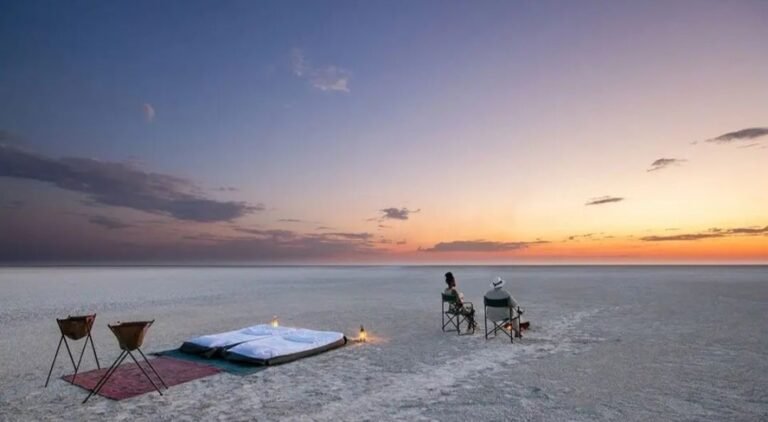 Bedroll laid out on the Makgadikgadi salt pans for a night under the stars