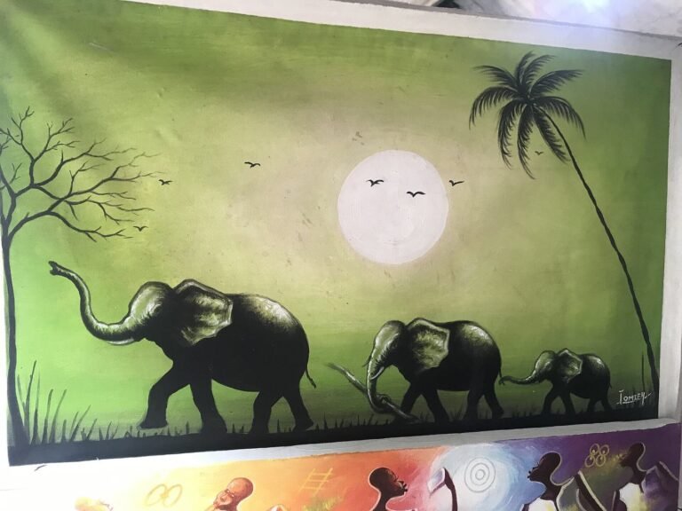 Painting of elephants in a village scene