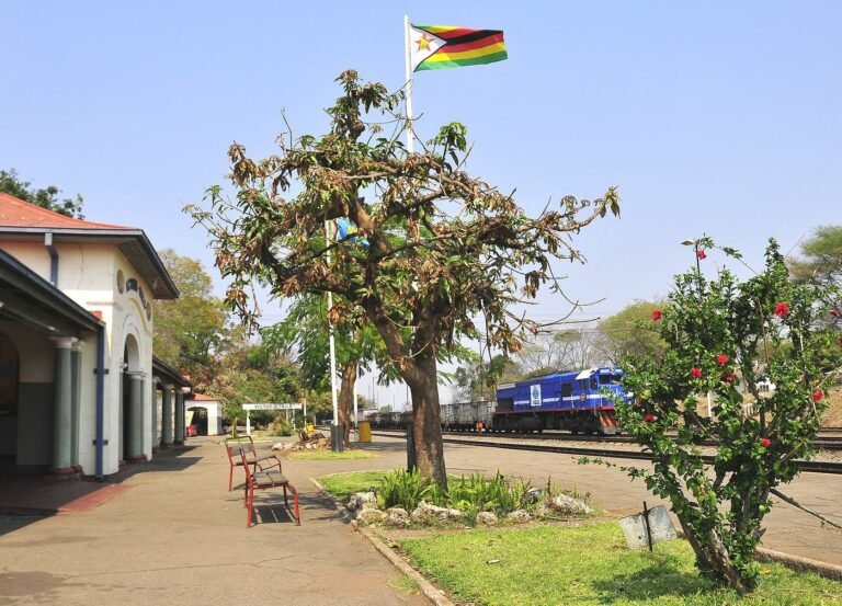 Victoria Falls railway station with the Zimbabwe flag