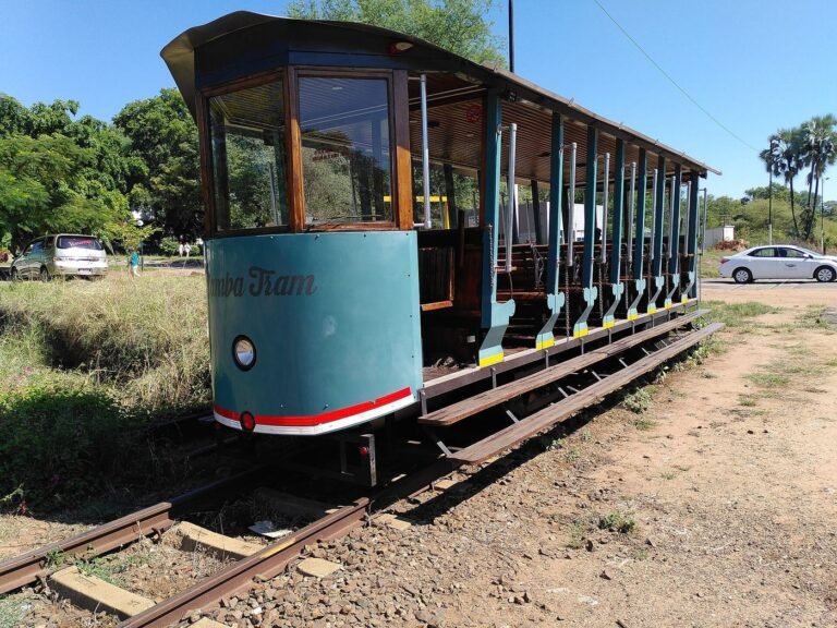 Restored vintage tram on the rails at Victoria Falls