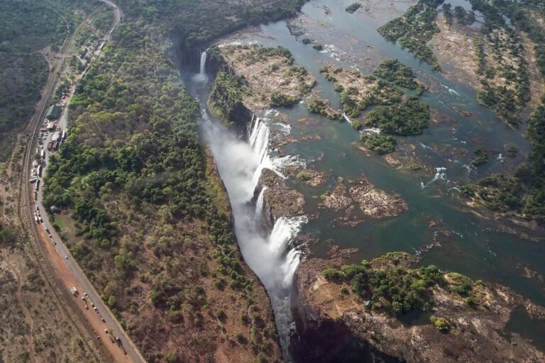 Aerial view of Victoria Falls and the zig-zag gorges below it